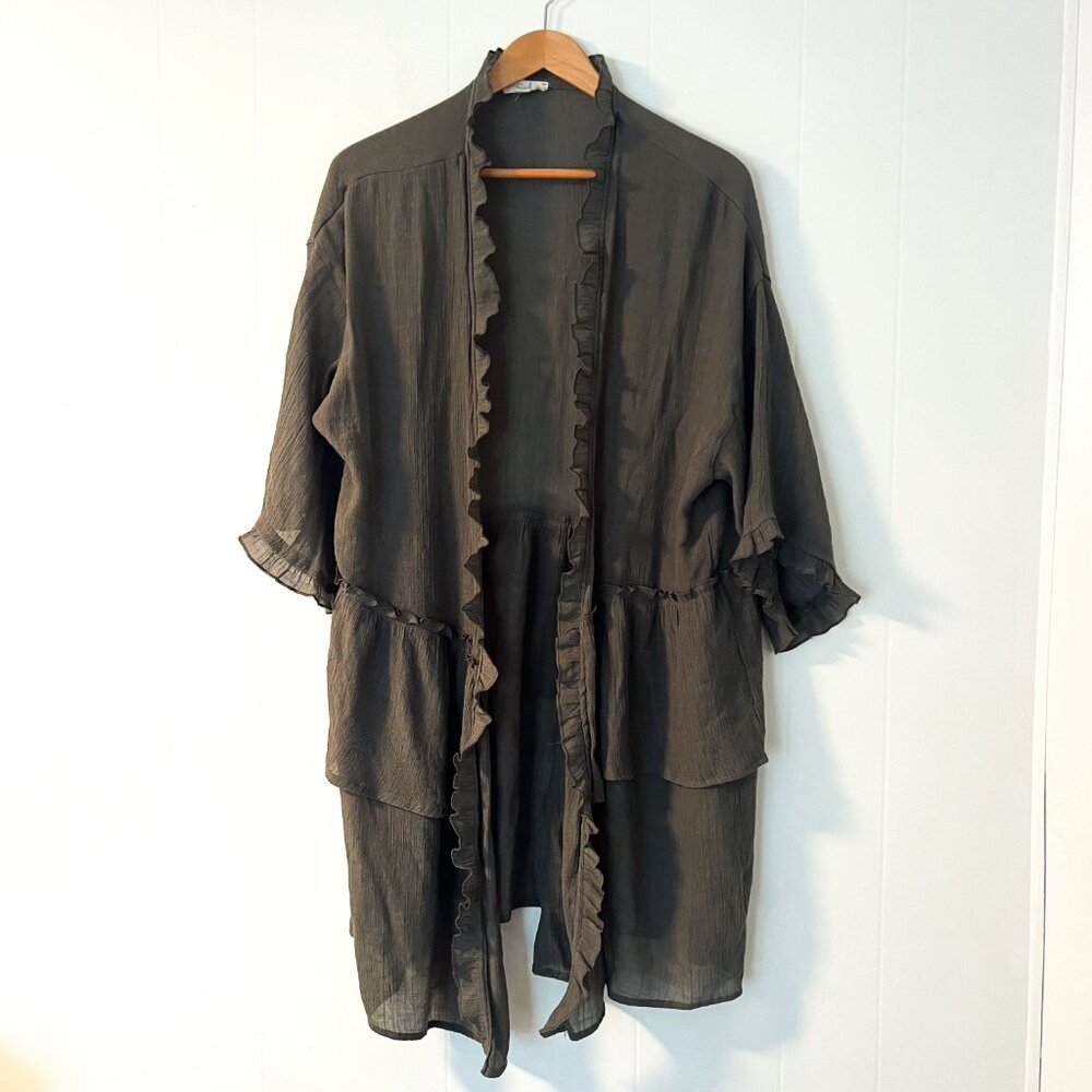 Easel Sage Semi Sheer Double Ruffled Long Open Front Cardigan Medium - Picture 4 of 9